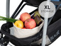 Ein Kinderwagen mit XL-Stauraum gefüllt mit Obst und Gemüse.