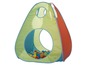 Ein grünes Spielzelt mit blauen und roten Details, gefüllt mit Bällen.