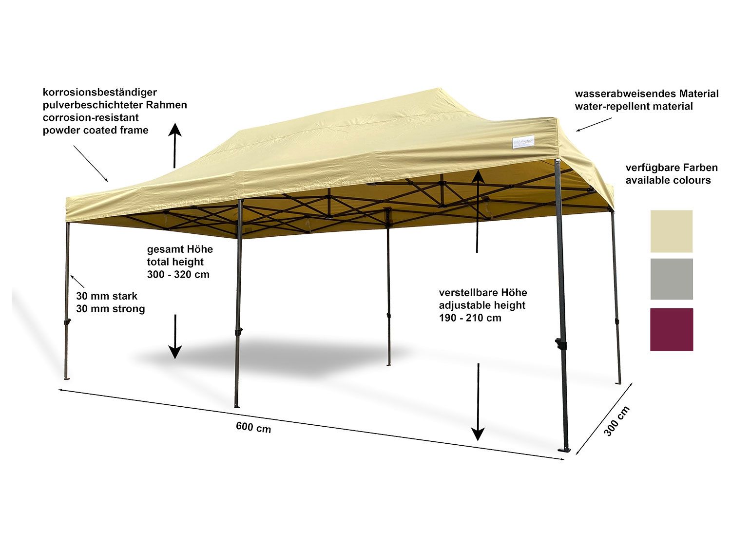 GRASEKAMP Faltpavillon Premium Line (3x6m + Seitenteile, Beige) – Bild 4 von 4