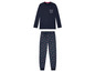 Langarm-Pyjama, dunkelblaue Oberteil und Hose mit Blumenmuster.
