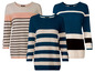 Drei gestreifte Pullover mit langen Ärmeln, davon zwei in Blau und Weiß und einer in Beige und Dunkelbraun.