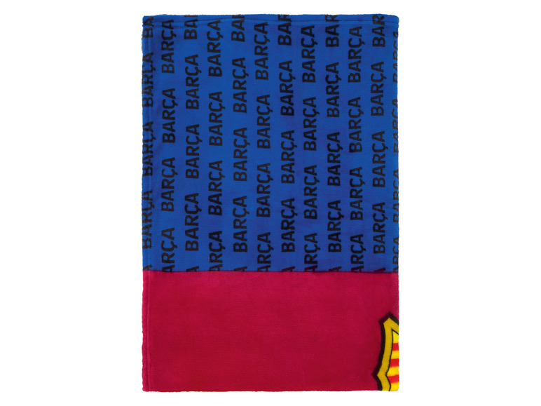 Eine blaue und rote FC Barcelona Decke mit Logo.