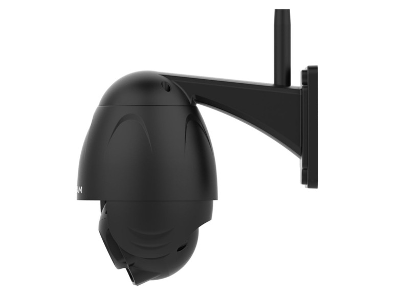 Eine schwarze Sicherheitskamera mit einer Halterung.