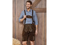 Mann in traditionellen Lederhosen mit Hosenträgern und kariertem Hemd.