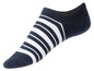 Ein Paar blaue Socken mit weißen Streifen.