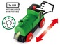 Grüne Holzeisenbahnlokomotive mit Licht und Batterien.