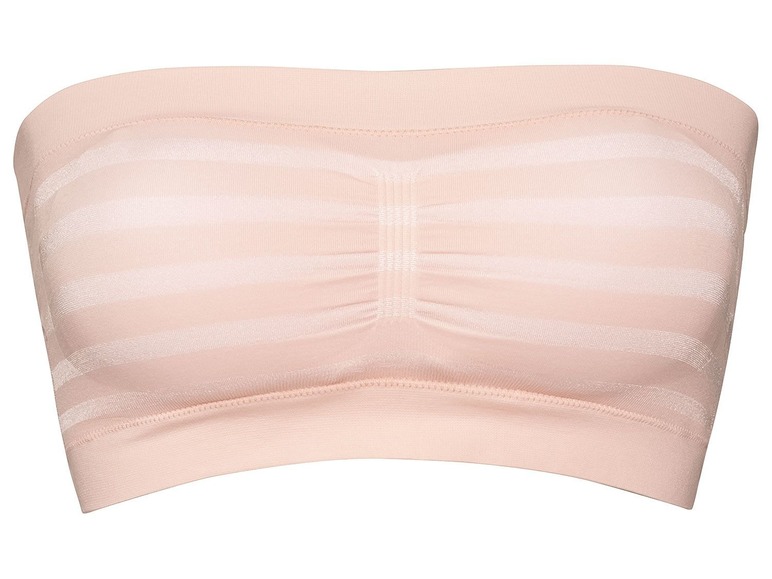 Ein rosafarbener, trägerloser BH mit horizontalen Streifen.