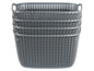 Stapelbare graue Aufbewahrungskörbe mit Griffen.