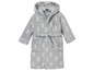 Grauer Bademantel mit Kapuze für Kinder, mit einem Muster von kleinen Tieren.