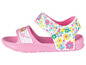 Rosa Sandalen mit Blumenmuster und Paw Patrol-Motiv.