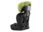 Ein grüner und schwarzer Autositz mit verstellbarer Kopfstütze.