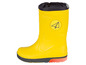 Gelbe Gummistiefel mit Flugzeuglogo.