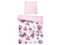 Ein rosafarbenes Bettbezug-Set mit Blumendruck und passendem Kissenbezug.