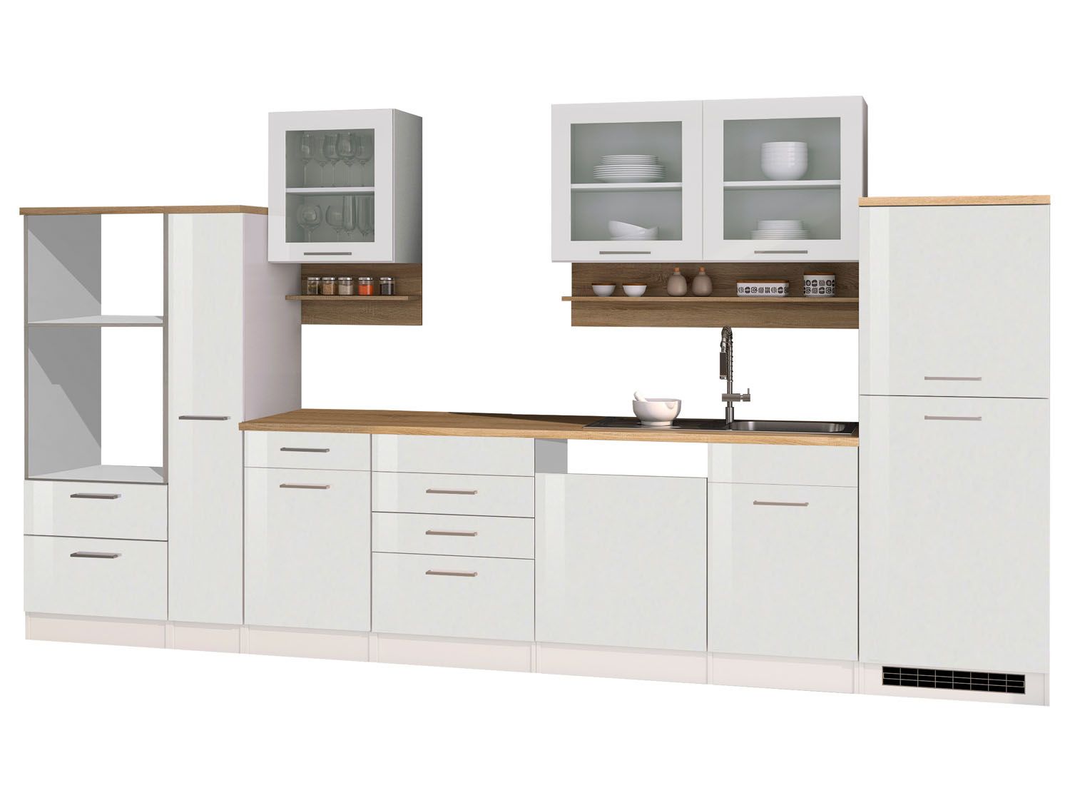 HELD Küchenzeile Mailand 220-390cm (ohne E-Geräte, Hochglanz-weiß/eiche sonoma, 370 cm) | 04251639434674