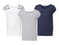 Drei unifarbene T-Shirts von esmara: gestreift, weiß mit Blumenprint und dunkelblau.