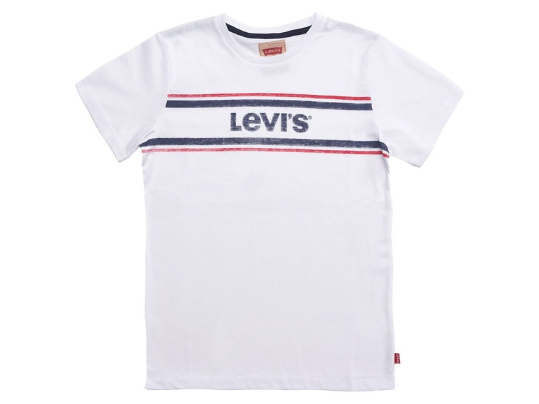 Weißes T-Shirt mit blauen und roten Streifen und dem Levi's-Logo.