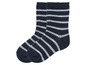 Zwei Paar dunkelblaue Socken mit weißen Streifen.