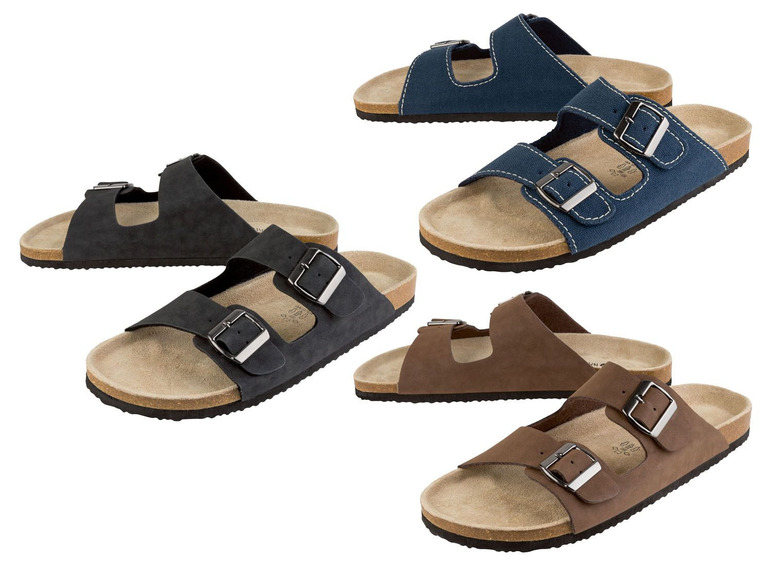 Schwarze, braune und blaue Sandalen mit Schnallen.