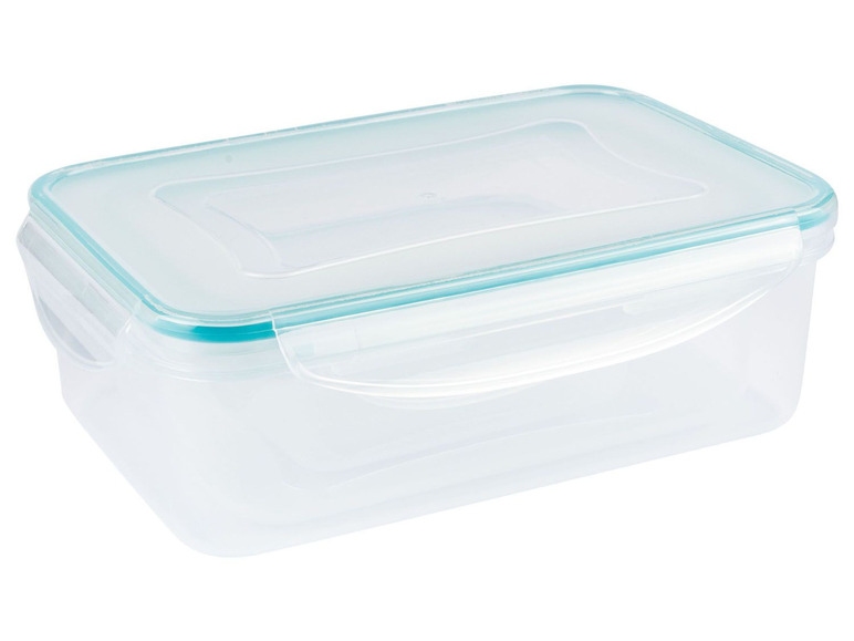 Eine transparente Plastik-Aufbewahrungsbox mit blauem Rand.