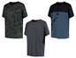 Drei Herren-T-Shirts mit Camouflage-Muster, einfarbig grau und geometrischem Design.