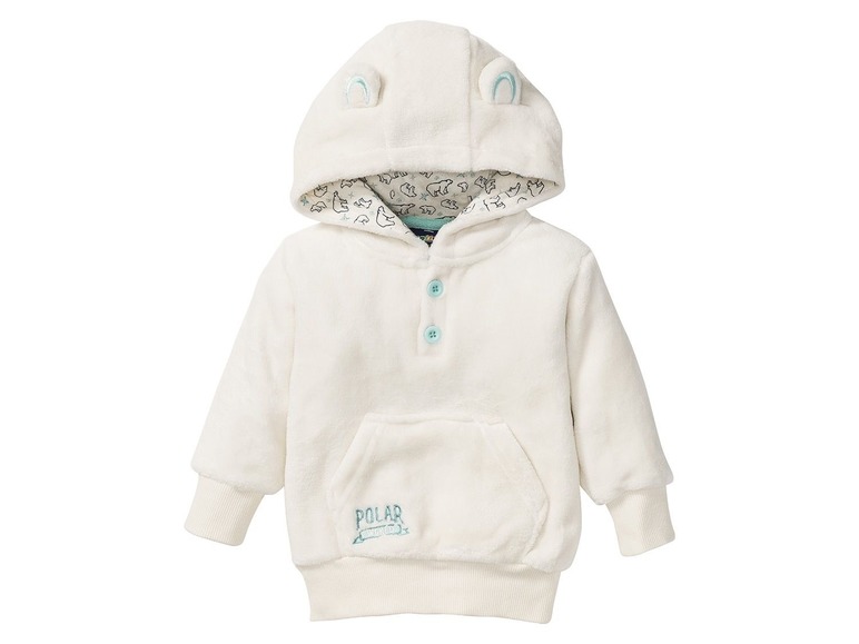 Weißer Baby-Hoodie mit Kapuze und 'Polar'-Logo.