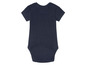 Ein dunkelblauer Baby-Body mit kurzen Ärmeln.