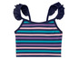 Ein gestreiftes Badeoberteil mit Rüschen an den Trägern