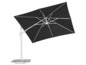Ein schwarzer Sonnenschirm mit weißem Gestell und rechteckiger Form.