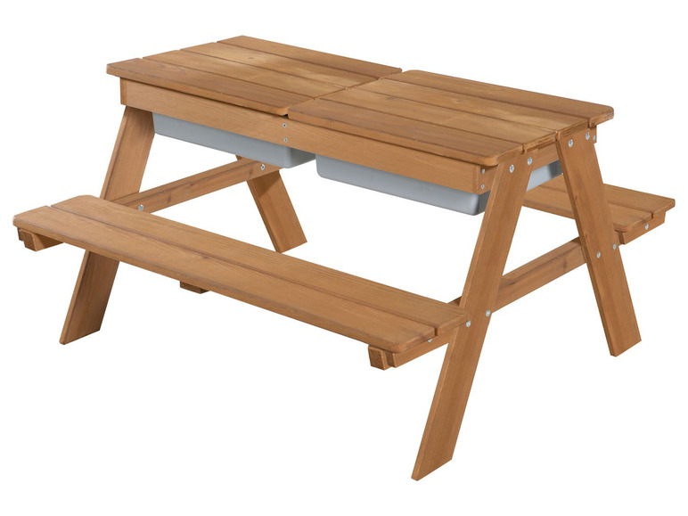 Ein Holz-Picknicktisch mit zwei eingebauten Behältern.