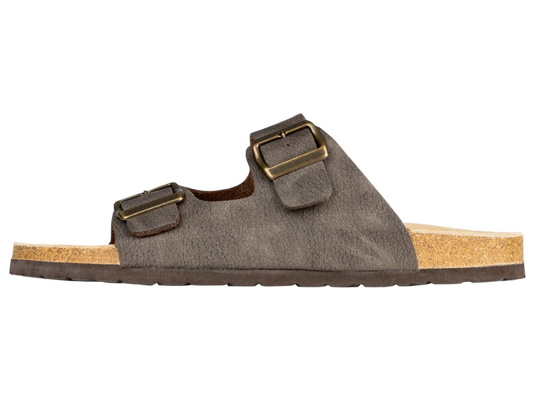 Graue Ledersandalen mit Schnallen und Korksohle.