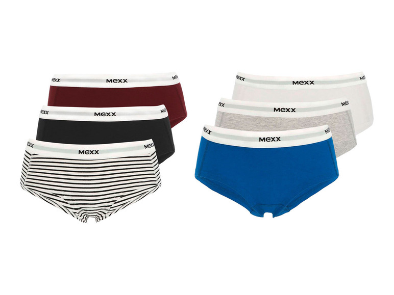 Ein Set mit sechs Mexx Damen-Slips in verschiedenen Farben und Mustern.