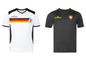 Zwei Fußballtrikots, ein weißes mit schwarzen Akzenten und ein schwarzes mit gelben Akzenten, mit dem Logo der deutschen Nationalmannschaft und dem UEFA EURO 2020 Logo.