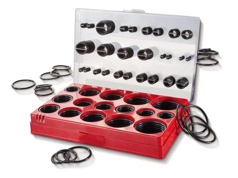 Eine rote Box mit verschiedenen Größen von Gummi-O-Ringen.