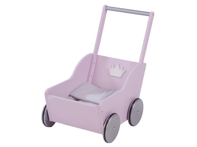 Ein rosa Holzpuppenwagen mit Rädern und einer Krone.