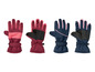 Vier Paar Winterhandschuhe in Rot und Blau mit rosafarbenen Details.