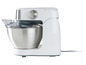 Eine weiße Küchenmaschine mit einer Edelstahlschüssel.
