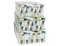 Drei Aufbewahrungsboxen mit geometrischem Muster in Grau, Gold und Blau.