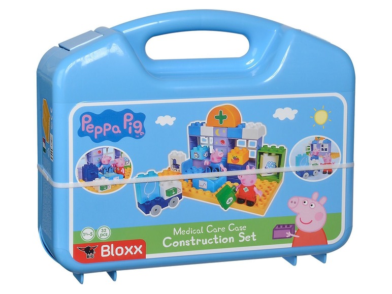 Peppa Pig Bloxx Bauset mit medizinischem Thema in einer blauen Koffer.
