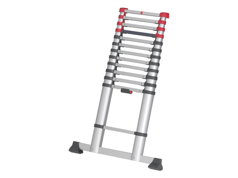 Eine silberne Teleskopleiter mit roten Details.