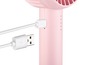 Ein rosa Handventilator mit USB-Ladekabel.