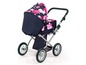 Ein rosa und blauer Kinderwagen mit Stern- und Herz-Muster.