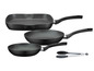 Ein Set aus drei Pfannen mit Grillplatte und Zange.