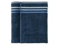 Zwei dunkelblaue Handtücher mit blauen und weißen Streifen.