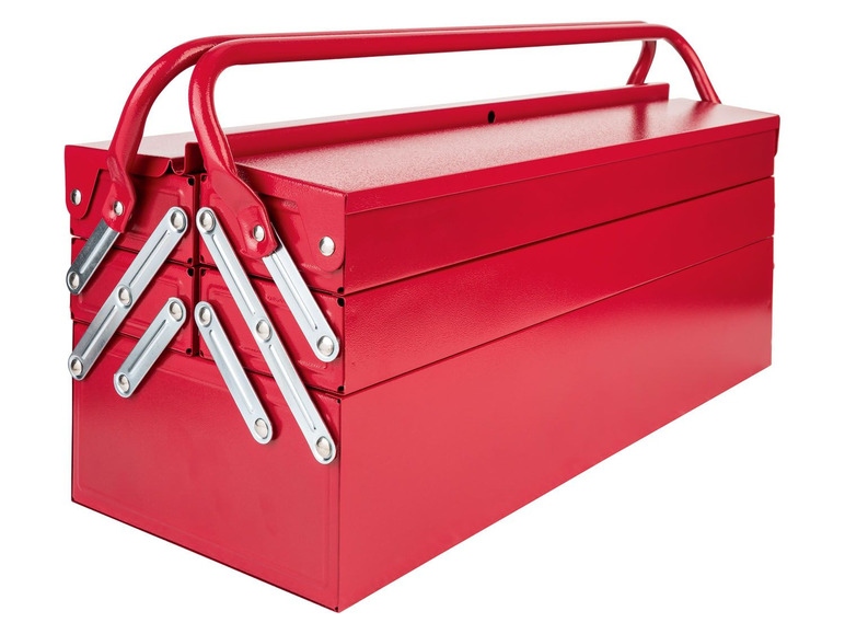 Eine rote Werkzeugkiste mit drei Ebenen.