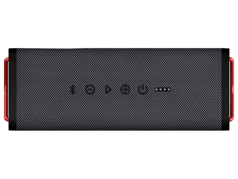 Ein schwarzer tragbarer Bluetooth-Lautsprecher mit roten Akzenten.
