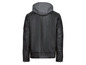 Eine schwarze Lederjacke mit Kapuze.