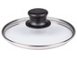 Ein Glasdeckel mit einem schwarzen Griff für einen Topf.