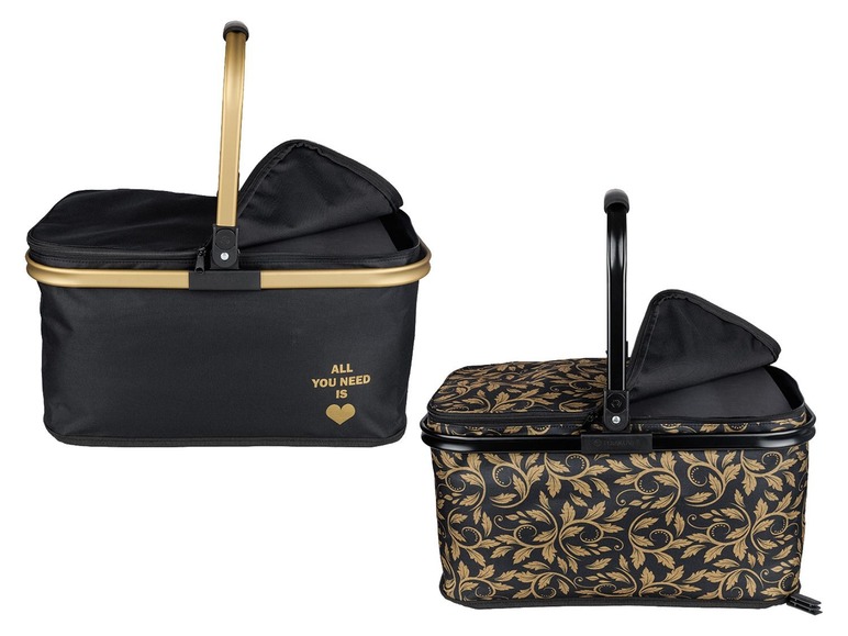 Zwei schwarze Kühlkörbe mit goldenen Akzenten, einer mit dem Text 'All You Need Is' und der andere mit einem goldenen Blättermuster.