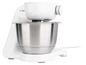 Weiße Bosch Küchenmaschine mit Edelstahlschüssel.
