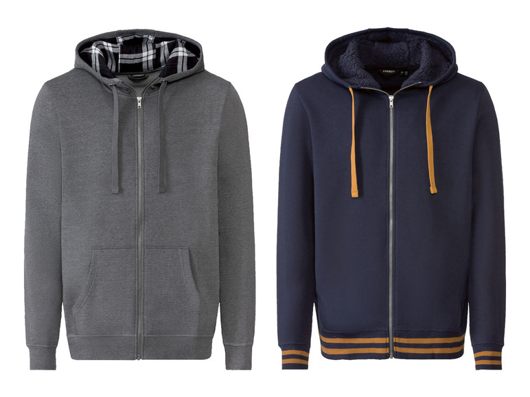 Zwei Livergy Kapuzenpullover mit Reißverschluss, einer grau mit kariertem Futter und einer dunkelblau mit orangenen Akzenten.